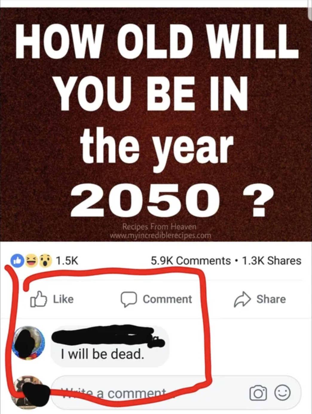 meme saying how old will you be in 2050 and someone responds i will be dead