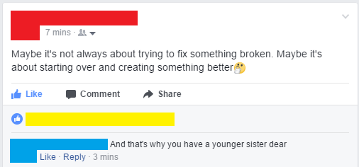 person writing on facebook maybe it&#x27;s not always about trying to fix something broken maybe it&#x27;s starting over and creating something better and they respond that&#x27;s why you have a younger sister