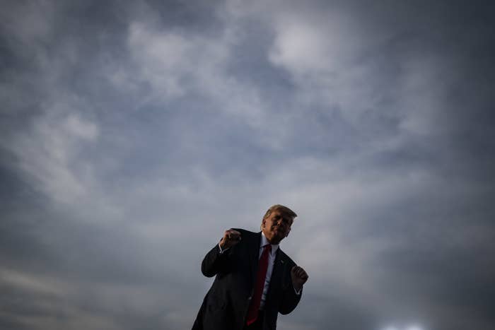 A low-angle view of Trump, who holds his fist up mid-dance, juxtaposed against a large overcast sky