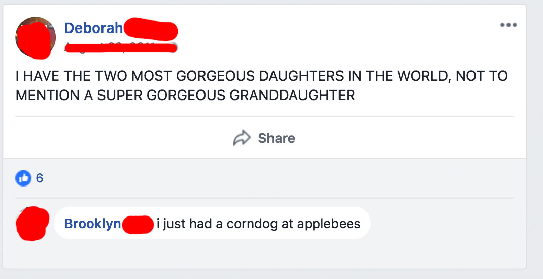 post of someone named deborah talking about her two granddaughters and someone named brooklyn says i just had a corndog