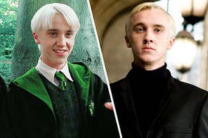 Draco Smiling as your soulmate and then him scowling as your enemy 