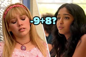 Lizzie McGuire looking stressed and Devi from Never Have I Ever looking confident with text "-9+8?"