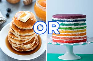 On the left, a stack of pancakes topped with maple syrup and butter, and on the right, a layer cake on a stand with "or" typed in between the two images