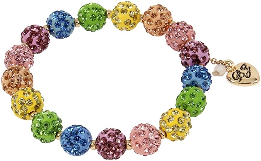 The bracelet with pink, blue, yellow, and green rhinestone-embellished beads and a heart shaped Betsey Johnson logo charm
