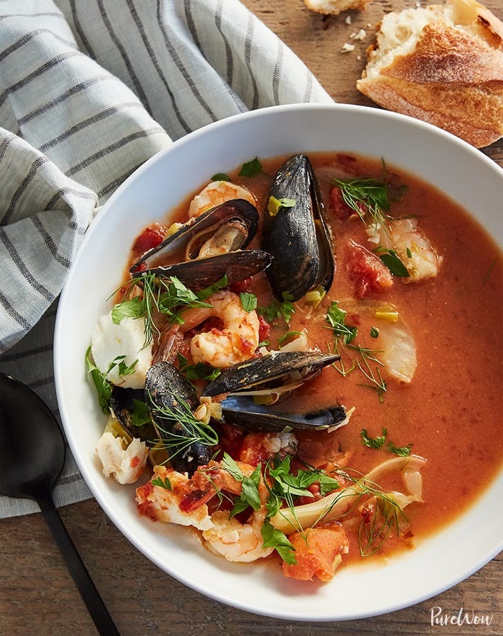 A bowl of cheater&#x27;s bouillabaisse with shrimp, cod, and mussels.