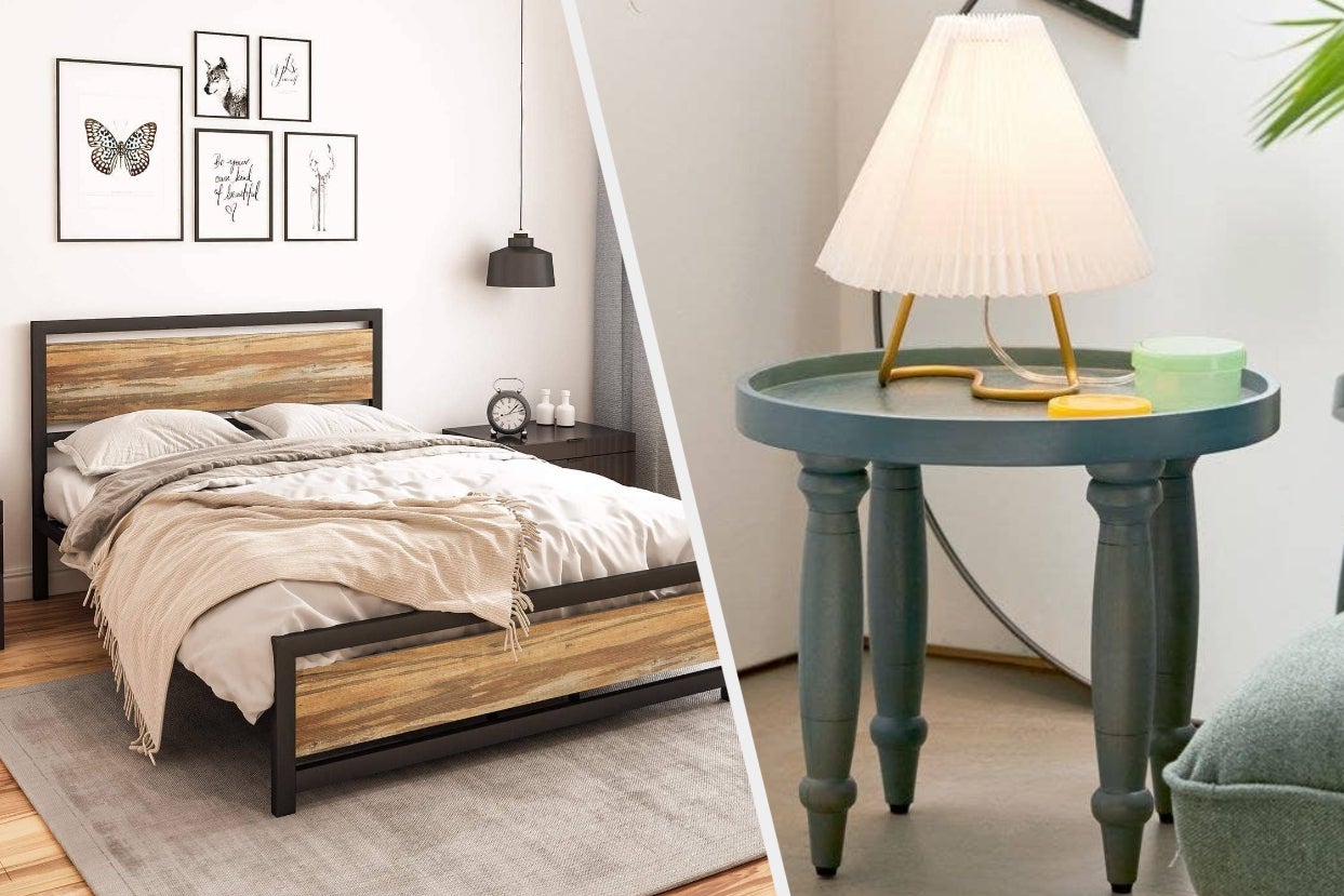 A wood and metal bed frame and a four-legged blue side table