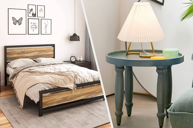 A wood and metal bed frame and a four-legged blue side table