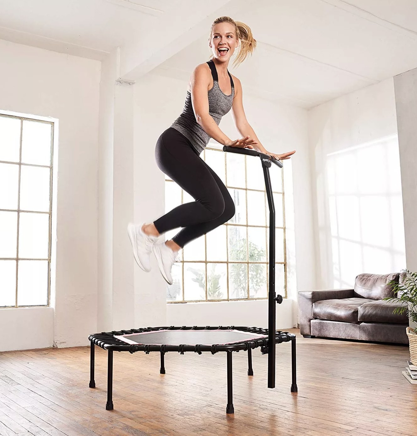 Person is jumping on a fitness trampoline