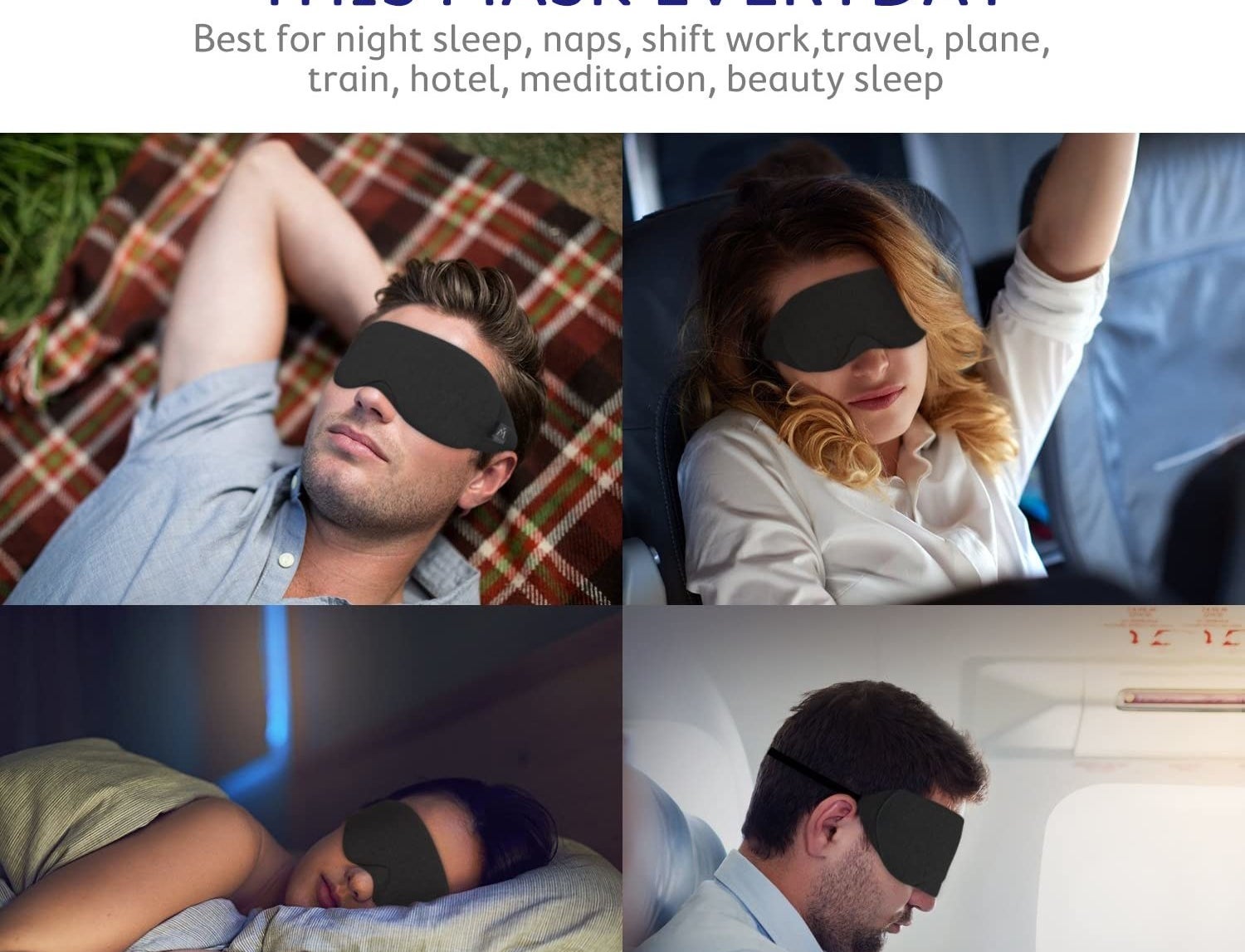 people sleeping in various locations with the eye mask