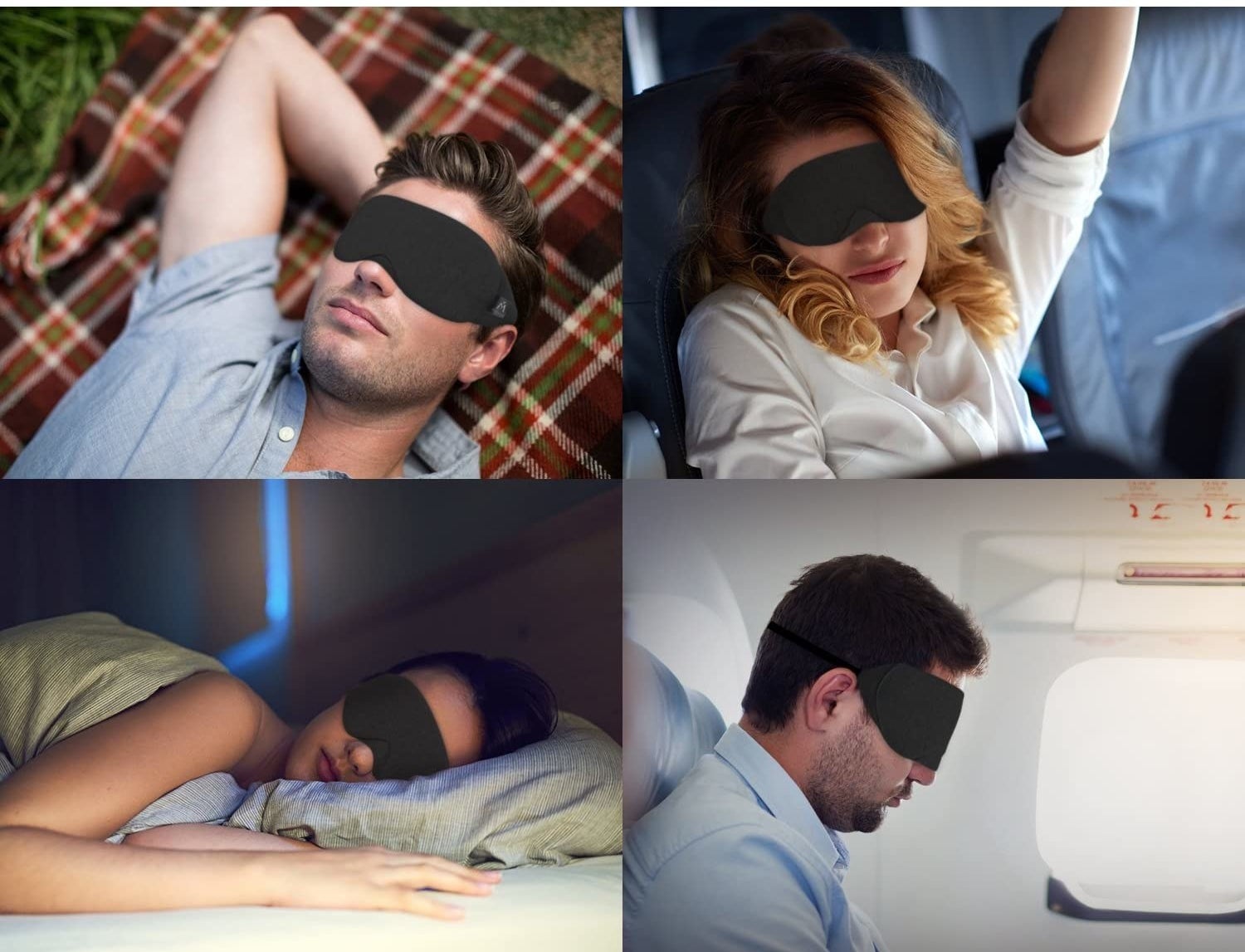 people sleeping in various locations with the eye mask