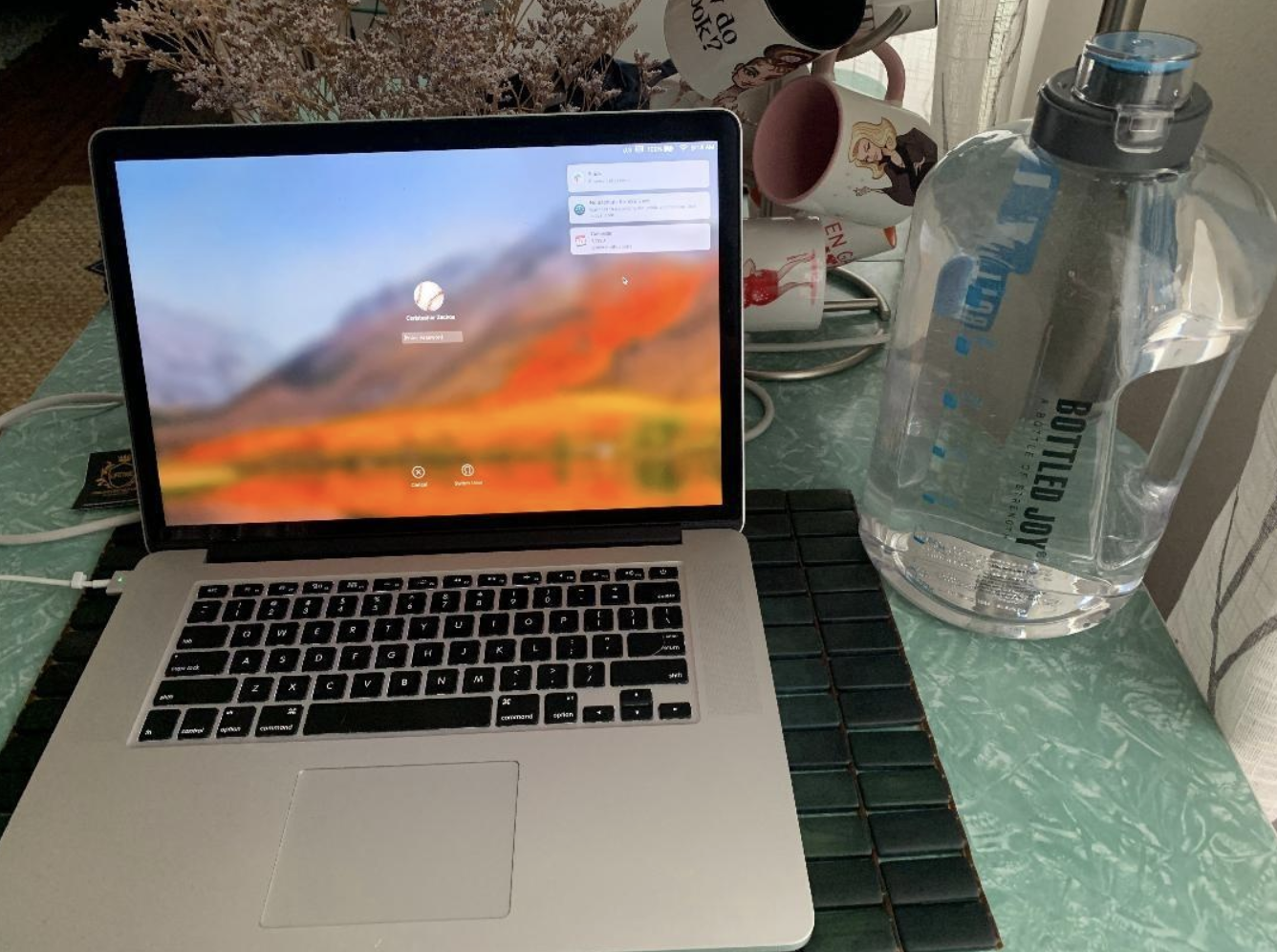 A reviewer&#x27;s water bottle next to their laptop