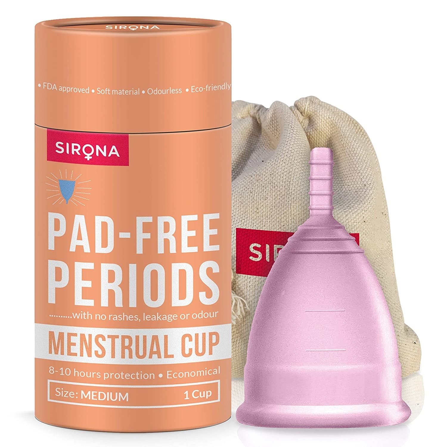 A menstrual cup next to the packaging