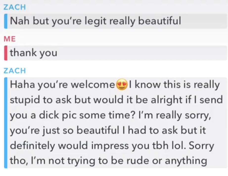 A guy snapping a girl asking permission for him to send a dick pick