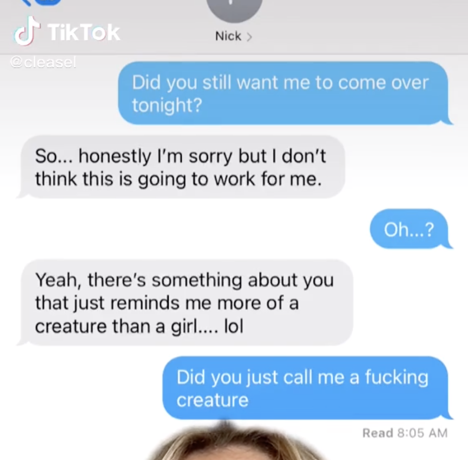 A text of a guy telling a girl that she reminds him of a creature.