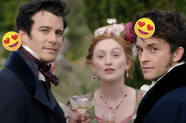 Benedict Bridgerton is standing opposite Anthony Bridgerton with a woman in the center and heart eye emojis