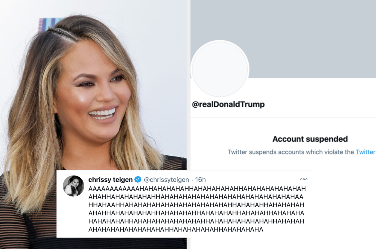 Chrissy Teigen laughing next to a screenshot of Trump's suspended Twitter account