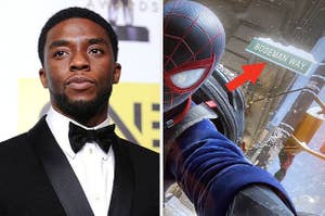 A side-by-side of Chadwick Boseman on a red carpet in 2016 and a screenshot from "Spider-Man: Miles Morales" showing a street named after Boseman