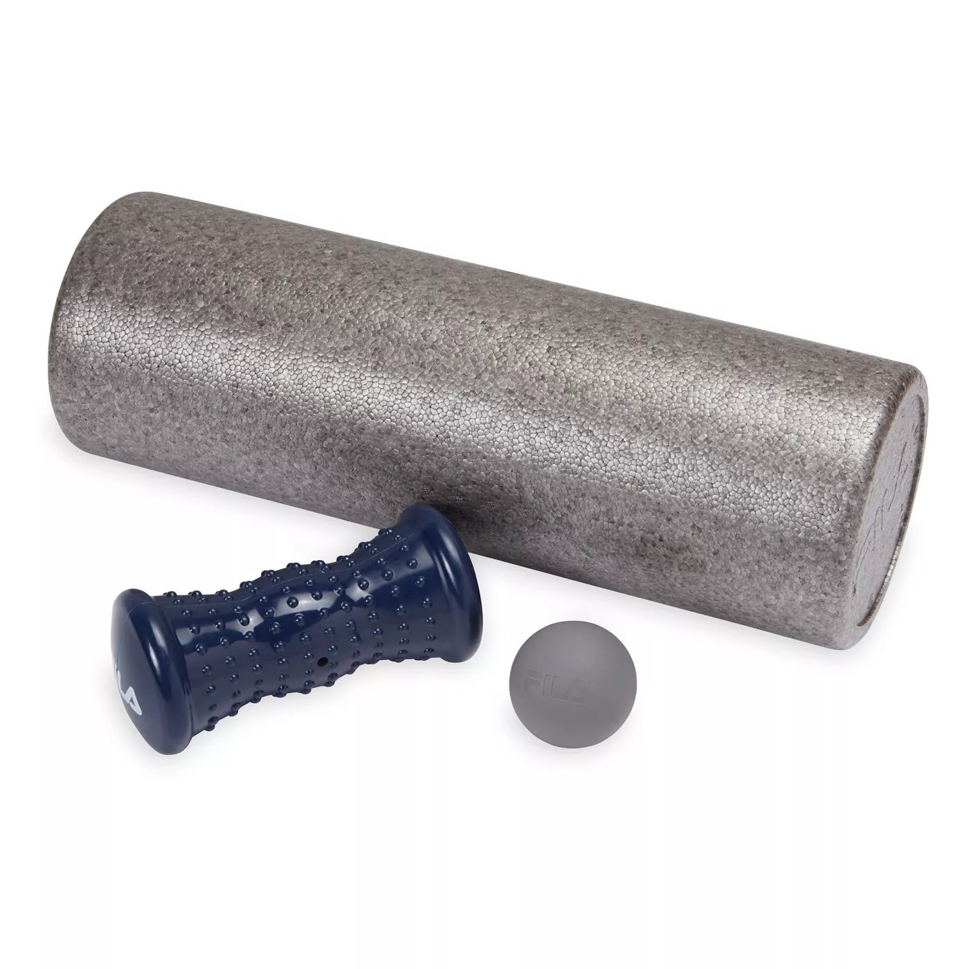 A foam roller, rubber ball, and massage roller