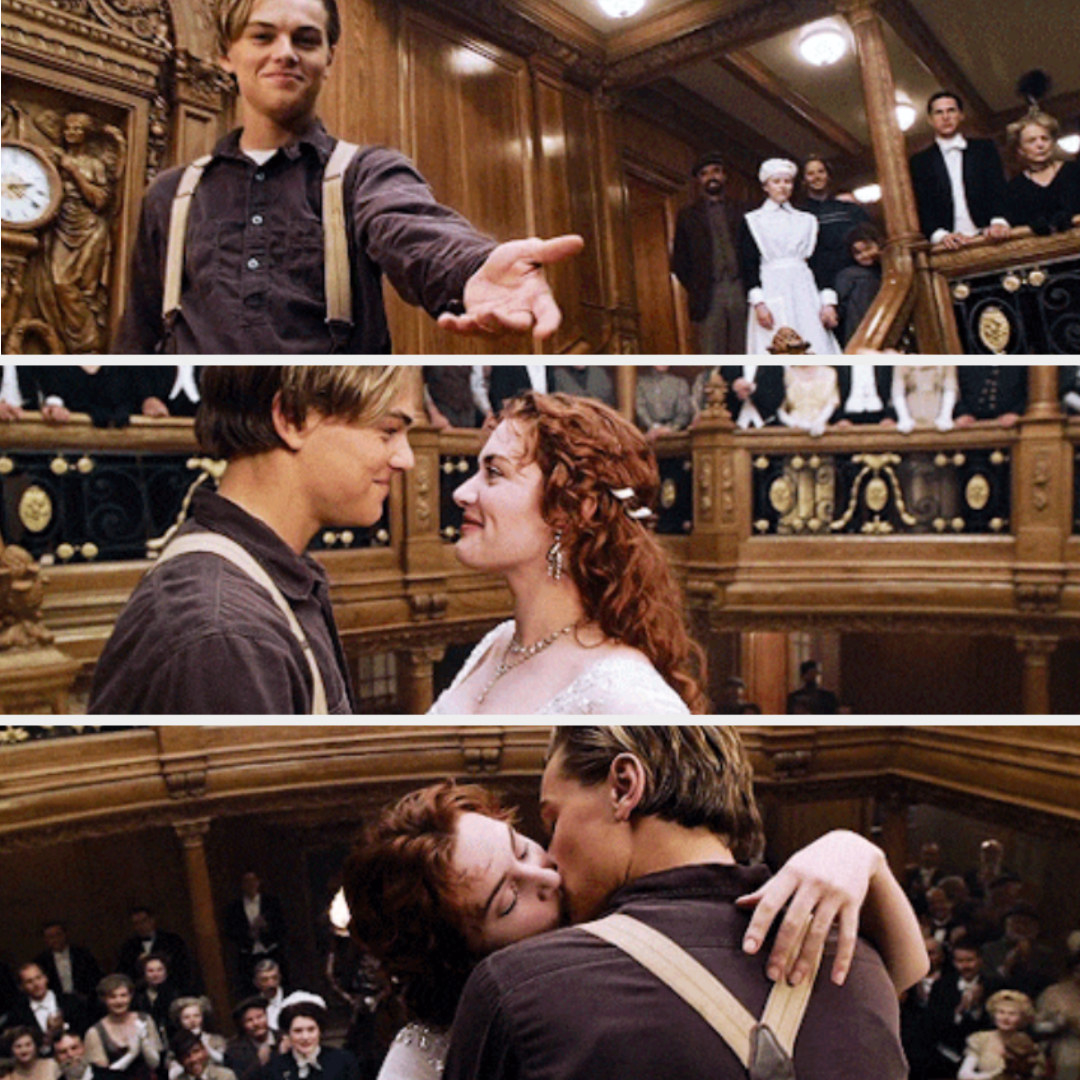 Rose and Jack kissing and embracing on the Titanic at the end of "Titanic"