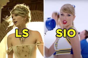 On the left, Taylor Swift in the "Love Story" music video labeled "LS," and on the right, Taylor Swift in the "Shake It Off" music video labeled "SIO"