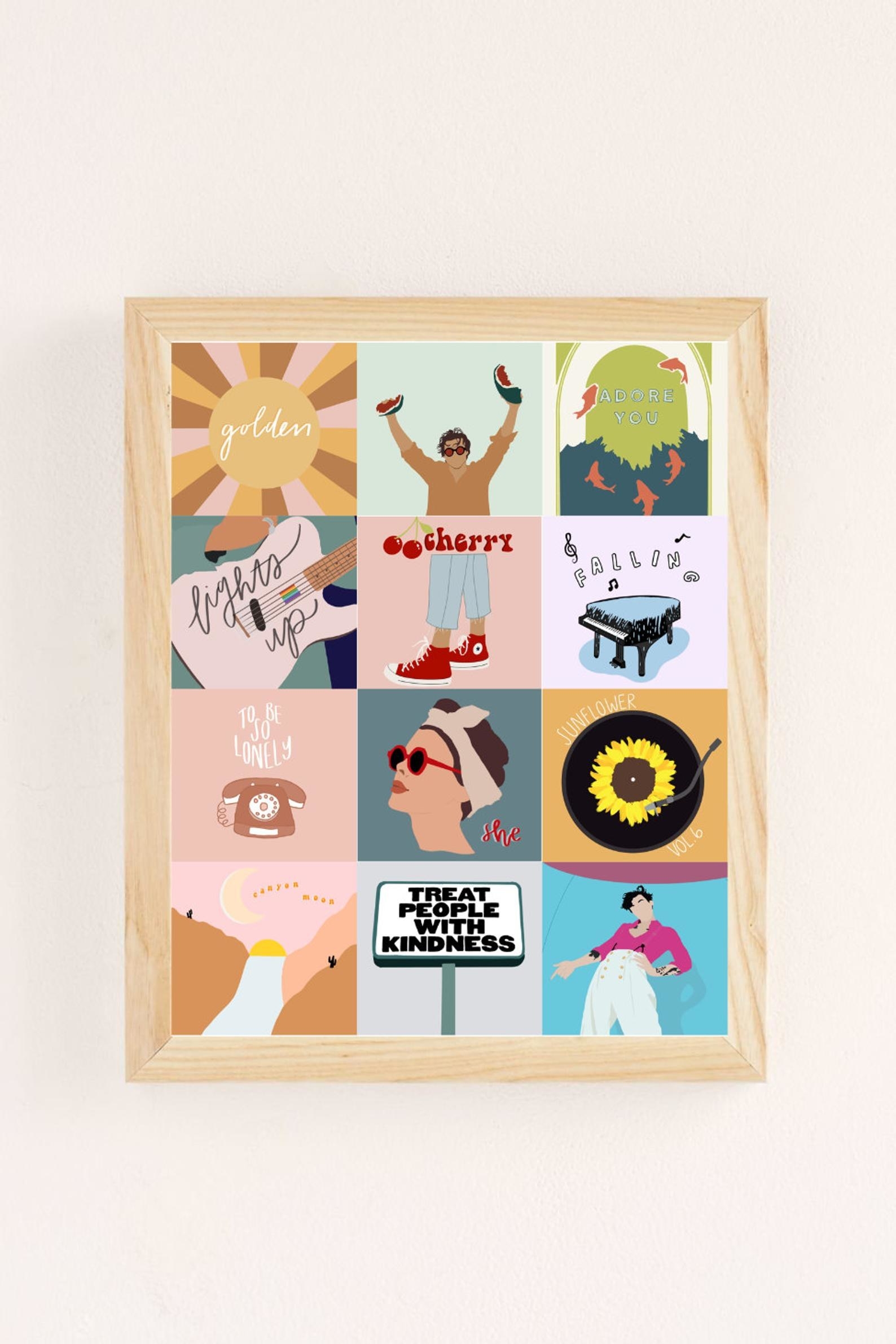 A print that is a compilation of 12 minimalist prints based on Harry Styles songs