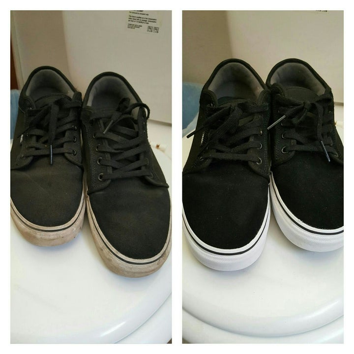 reviewer before-and-after photo showing the white soles of their Vans looking completely brand new after using the cleaner