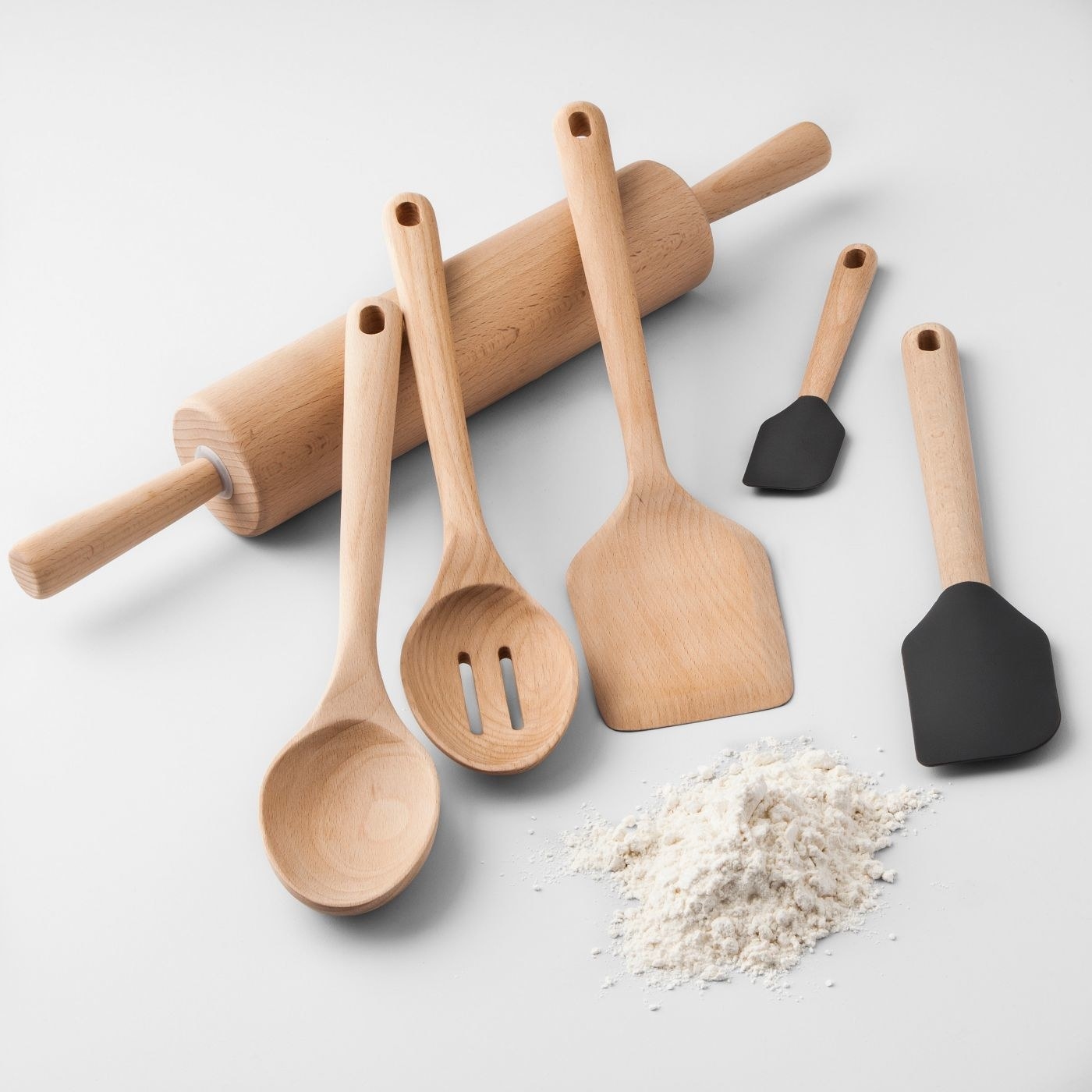 A beechwood set including a rolling pin