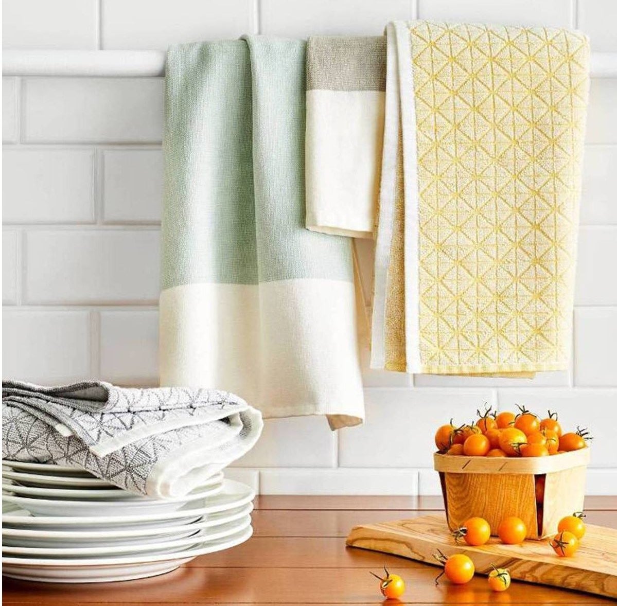 A kitchen set up with olive tray with tomato