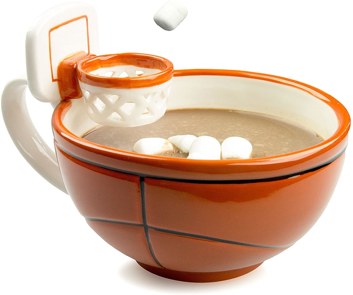 Mug shaped like a basketball with a hoop on the side of it and hot chocolate in the glass 