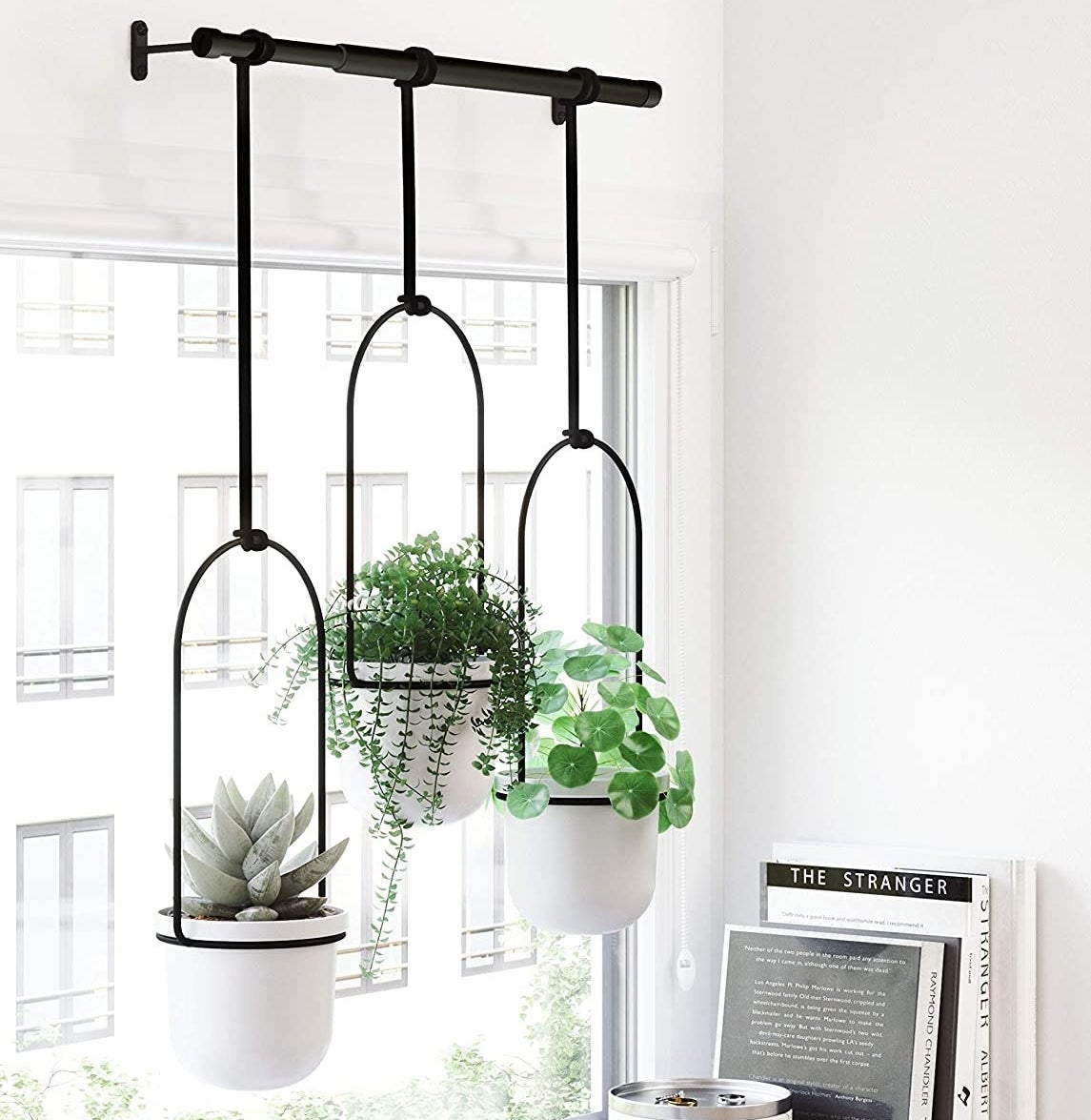 A metal hanging contraption with three plants hanging off of it 