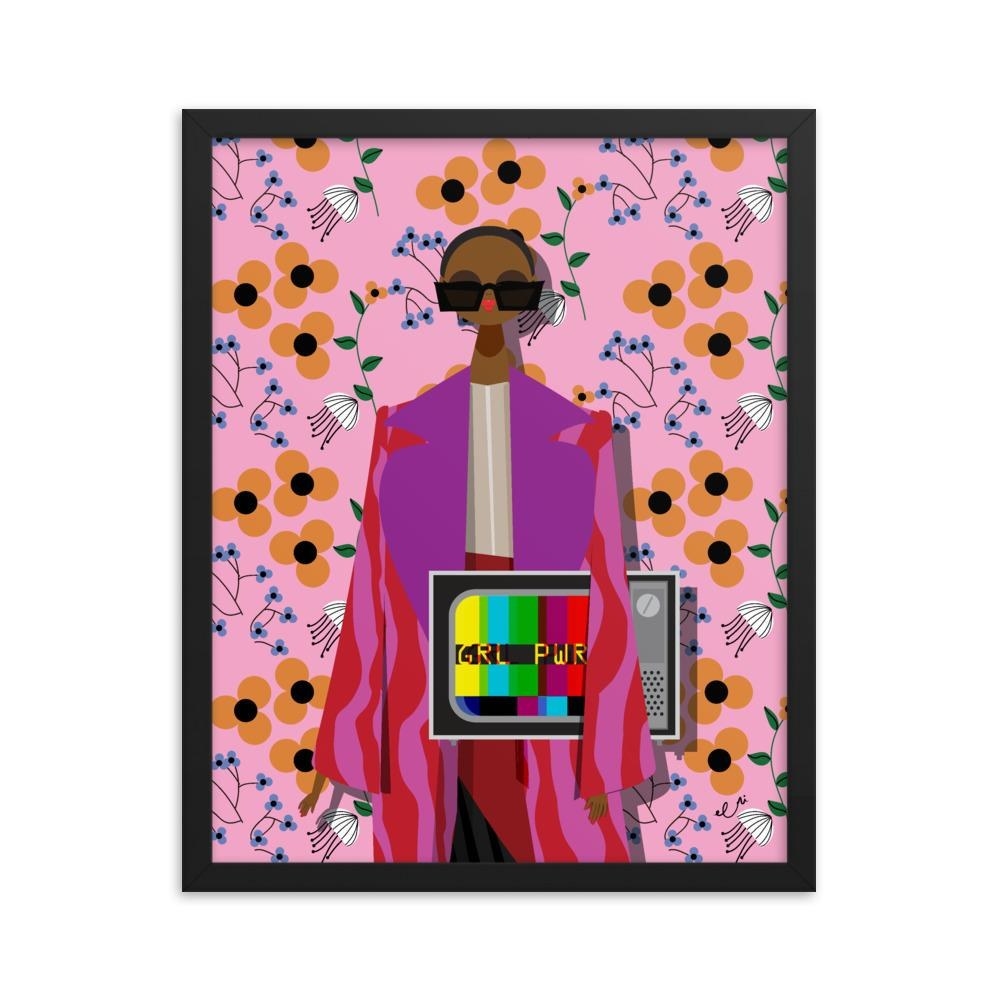 rectangle art print with an illustration of a person in big sunglasses holding a tv that says &quot;GRL PWR&quot; and a pink floral background