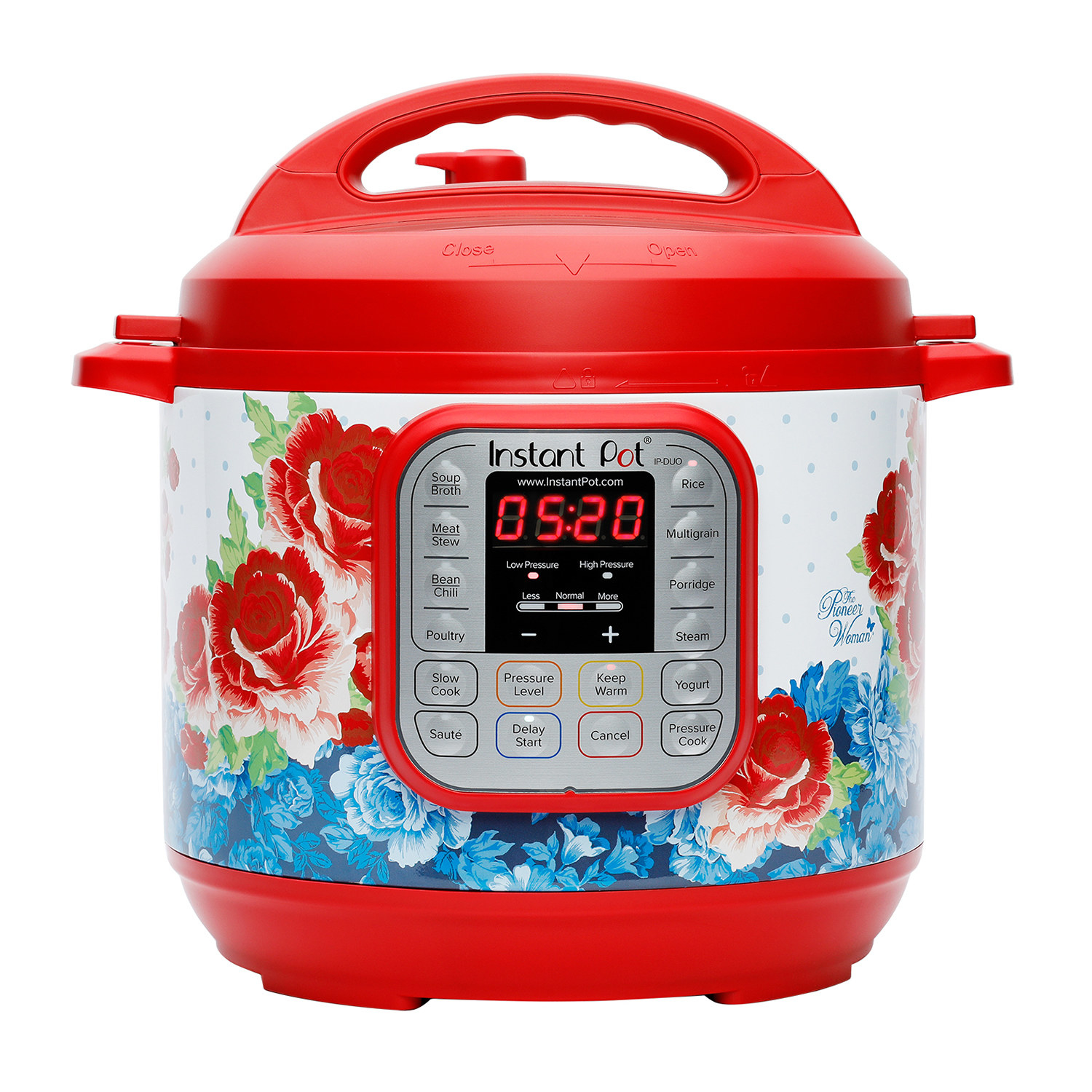 red instant pot with floral design on the outside