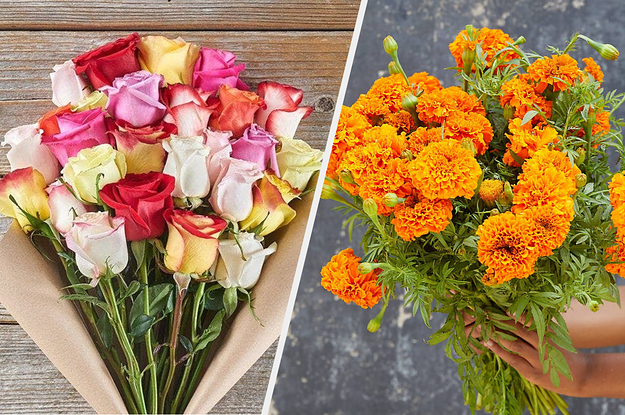 rose bouquet on the left and orange bouquet on the right