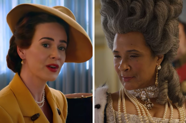 Nurse Ratched is wearing a hat on the left with the queen from "Bridgerton" on the right