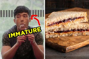 On the left, Jason from "The Good Place" with several lollipops stuffed in his mouth with an arrow pointing to him and "immature" typed under his face, and on the right, a PB&J sandwich cut into triangles