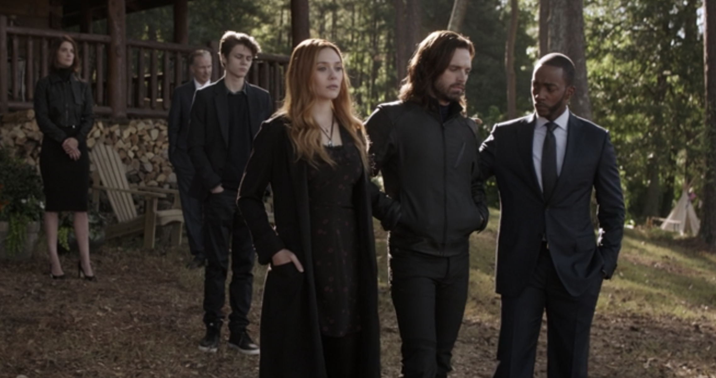 Wanda, Bucky, and Sam attending Tony&#x27;s funeral