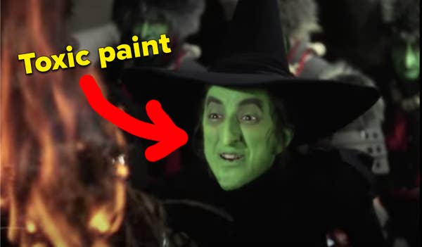 A close-up of the green paint on the Wicked Witch's face
