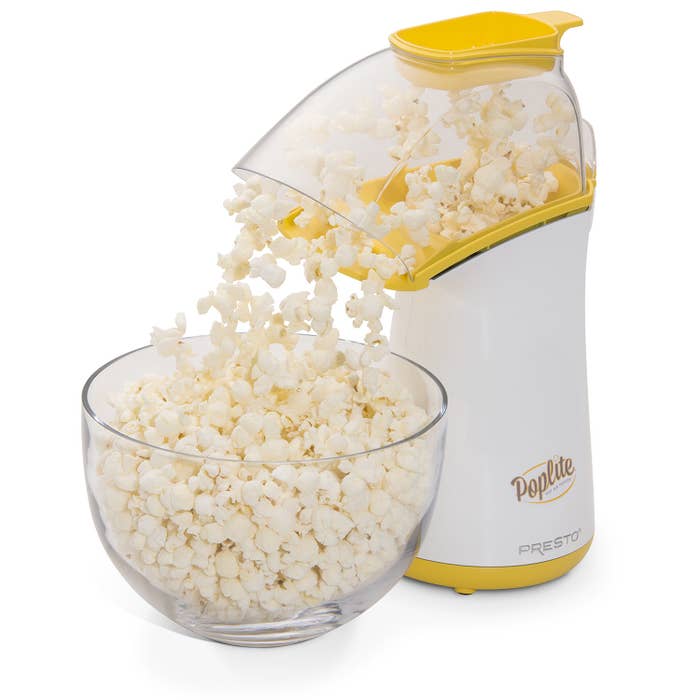 poplite popcorn maker with a bowl of popcorn underneath