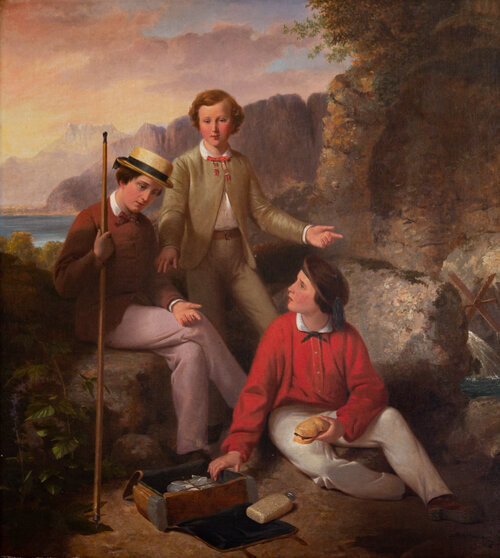 A portrait of three young men on a picnic.  One is seated on the ground in a red shirt and white pants and holds a sandwich in his left hand and has his right hand resting on an open picnic case.