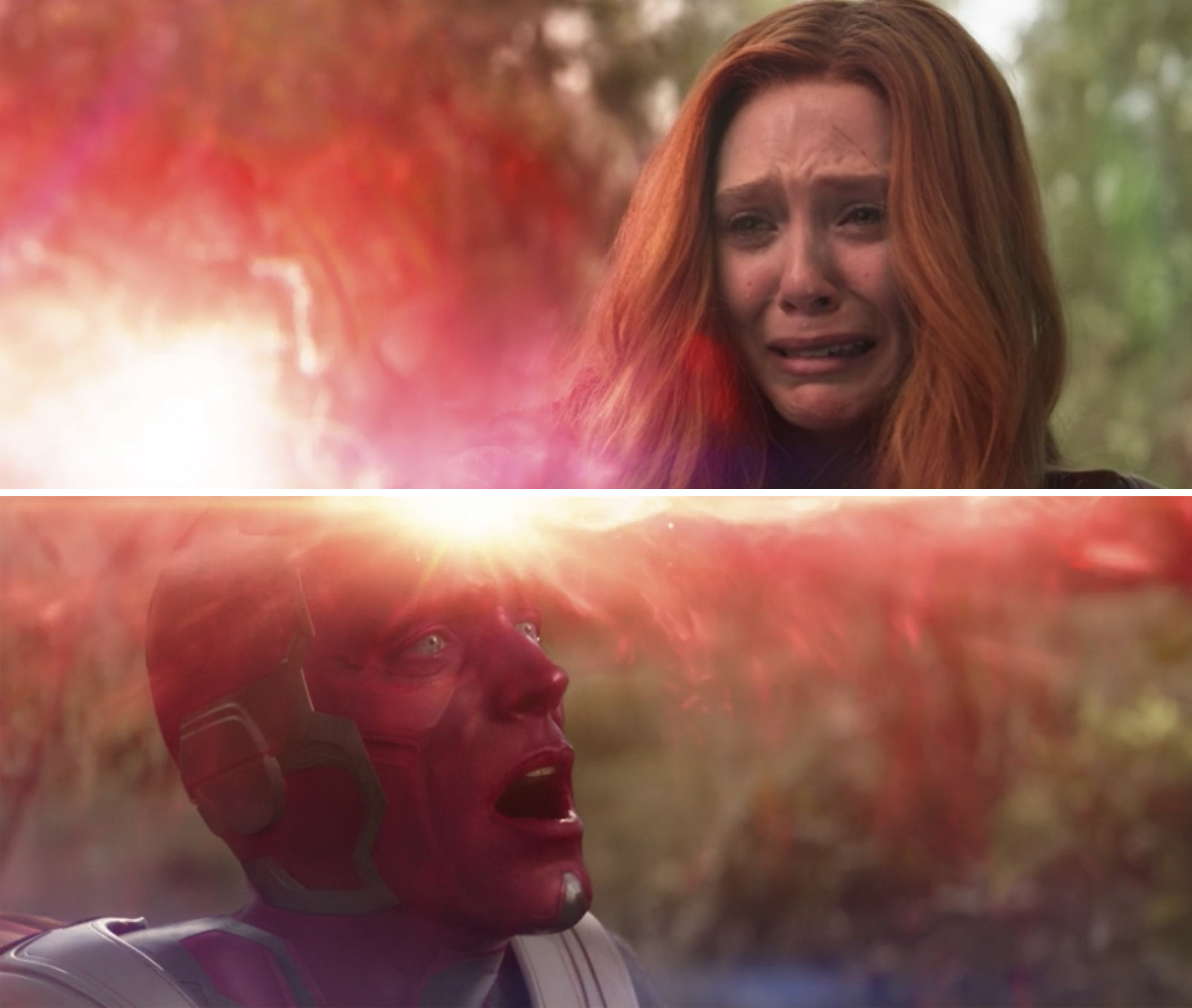 Wanda weeping while destroying the Mind Stone in Vision&#x27;s head