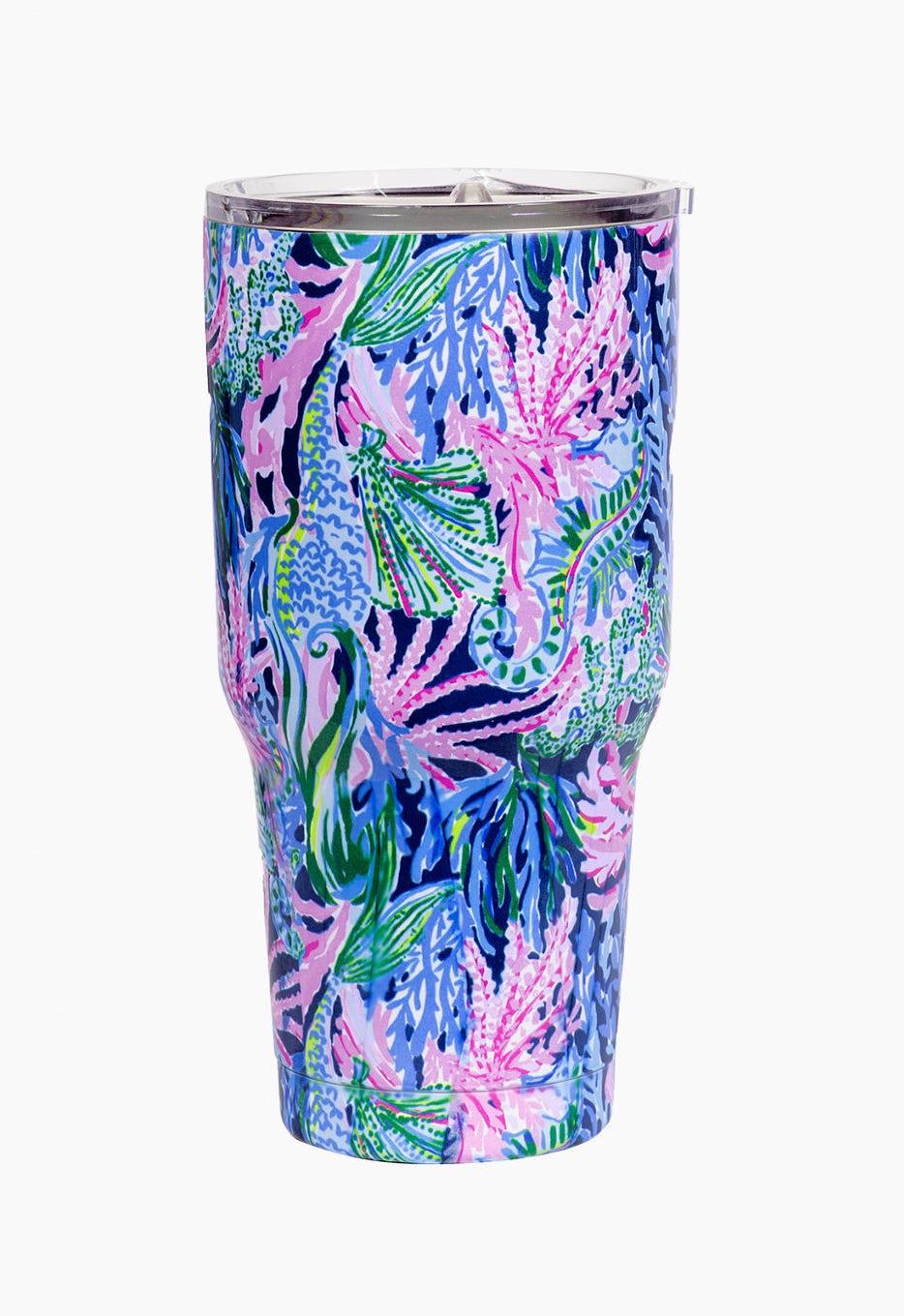 the tumbler with pink, blue, and green  sea plant pattern all over it