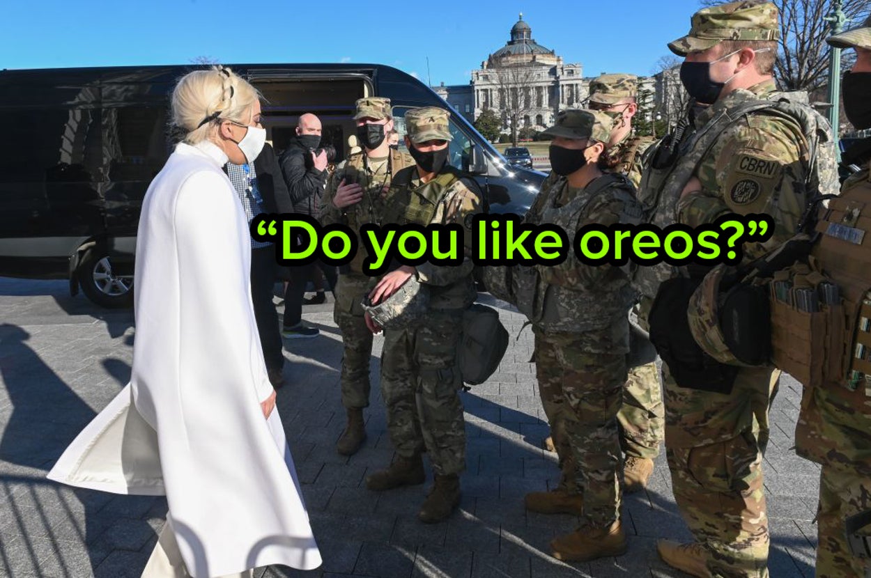 Lady Gaga asking National Guard troops if they like Oreos