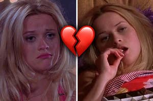 Elle woods from legally blonde crying and eating chocolate after a breakup