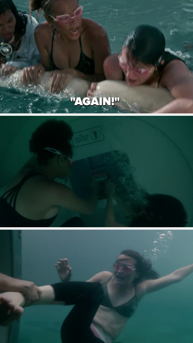Rachel yells "AGAIN!" then they dive down to the black box, and as Leah tries to swim away Rachel grabs her foot