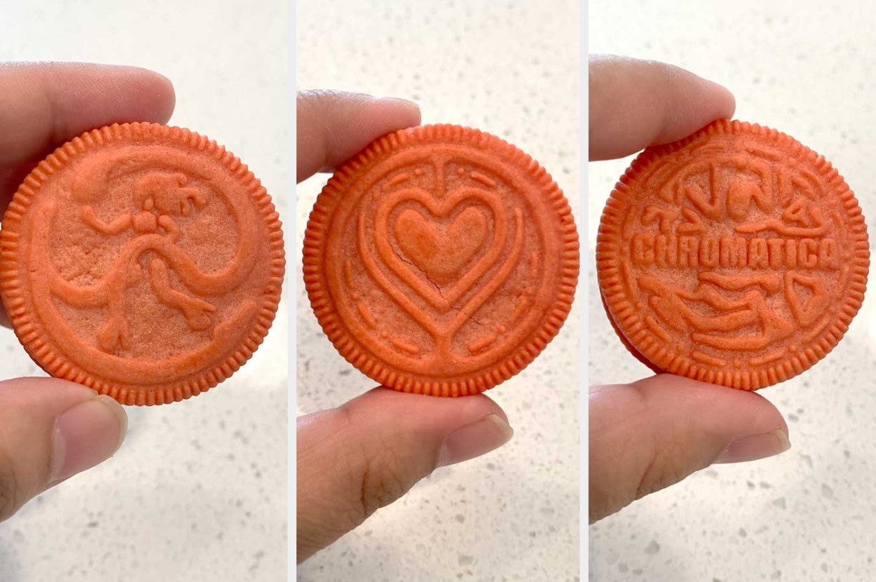 Close up photos of the cookies: a woman surrounded by a swirling shape, a heart, and &quot;chromatica&quot; 