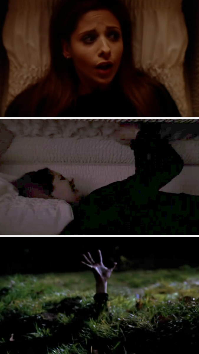 Buffy wakes up in shock, pulls at the cloth of her coffin, then reaches out of the ground