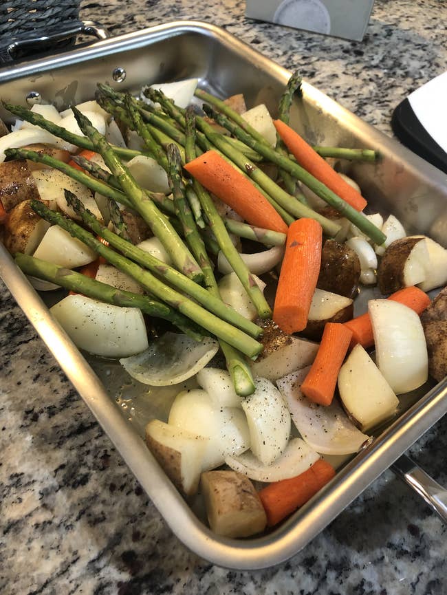 buzzfeed editor's roasting pan filled with veggies