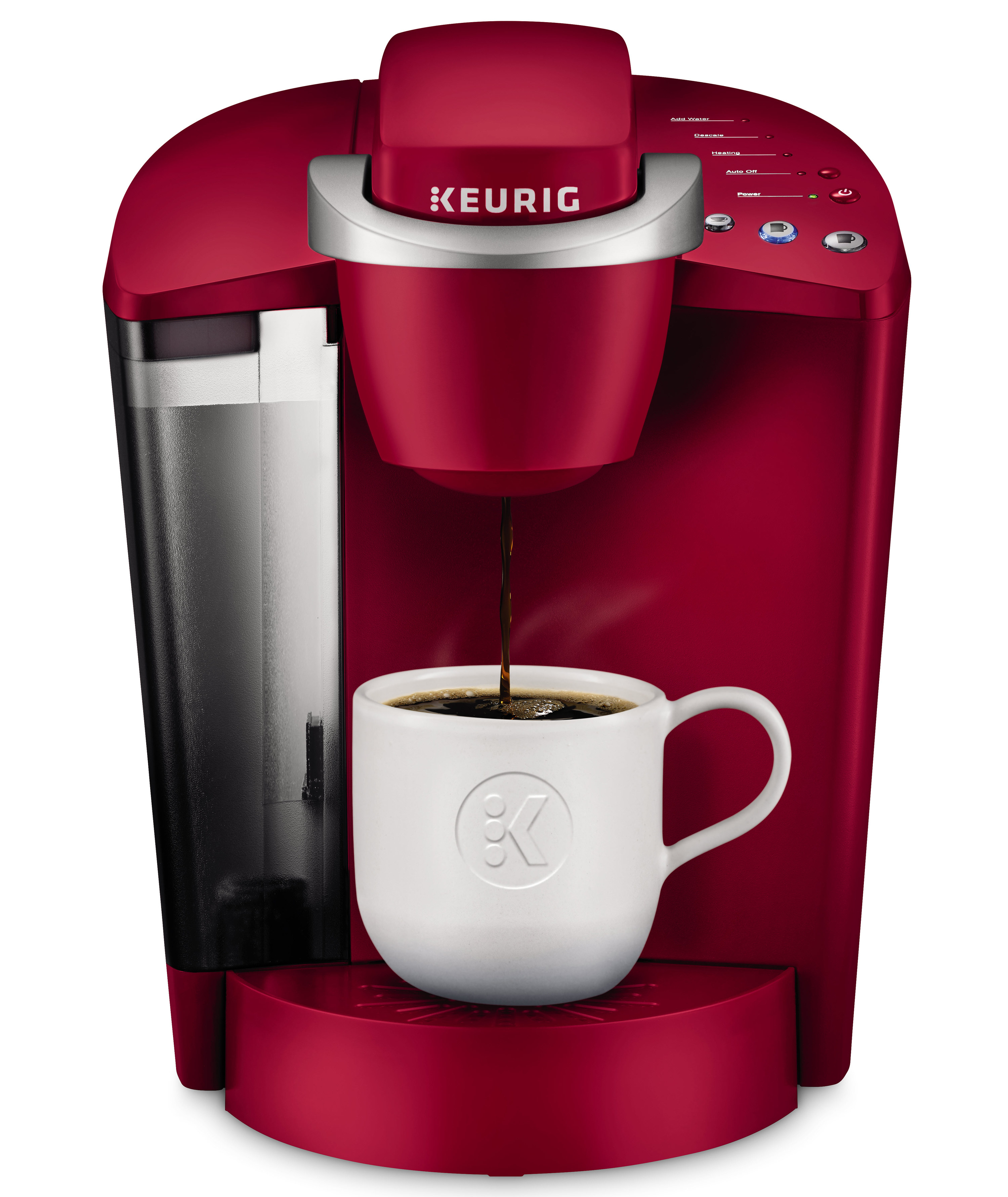 The red Keurig pouring coffee