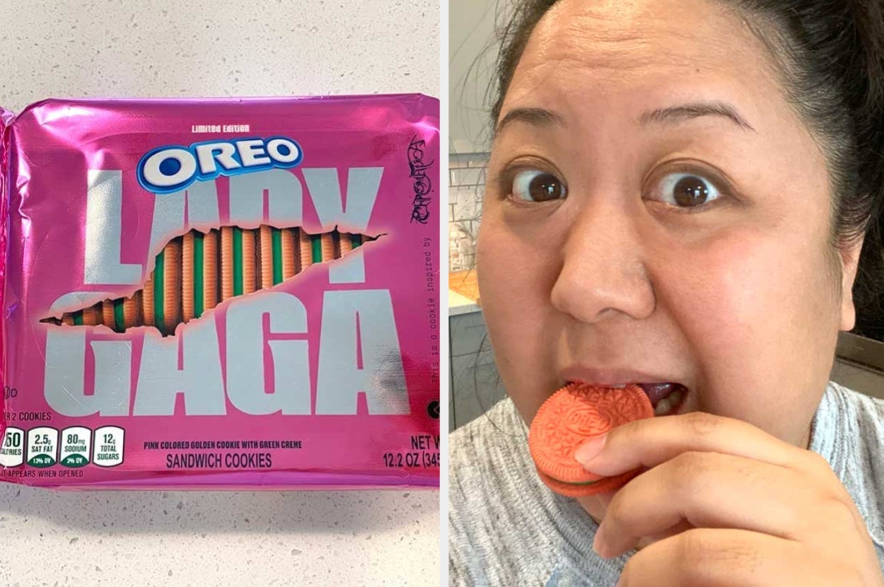 A package of Lady Gaga Oreos and a woman eating one of the cookies