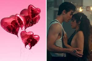 Valentine's Day balloons are on the left with Shawn Mendes and Camila Cabello hugging on the right